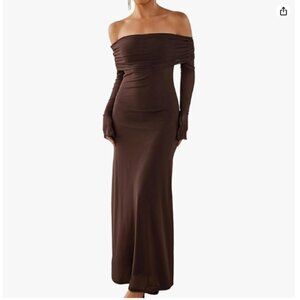 KUTUMAI Women Off Shoulder Bodycon Maxi Dress Long Sleeve Mesh Ruched